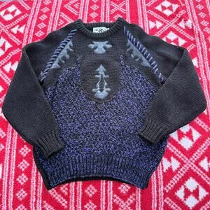 Vintage 80s Forum Chunky Knit Sweater L Gray Leather Purple Whipstitch Large